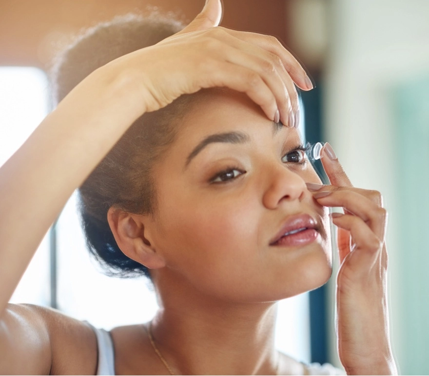 woman inserting contact lenses